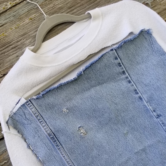 Destroyed Jean Patchwork Upcycled Sweatshirt - Picture 4 of 8